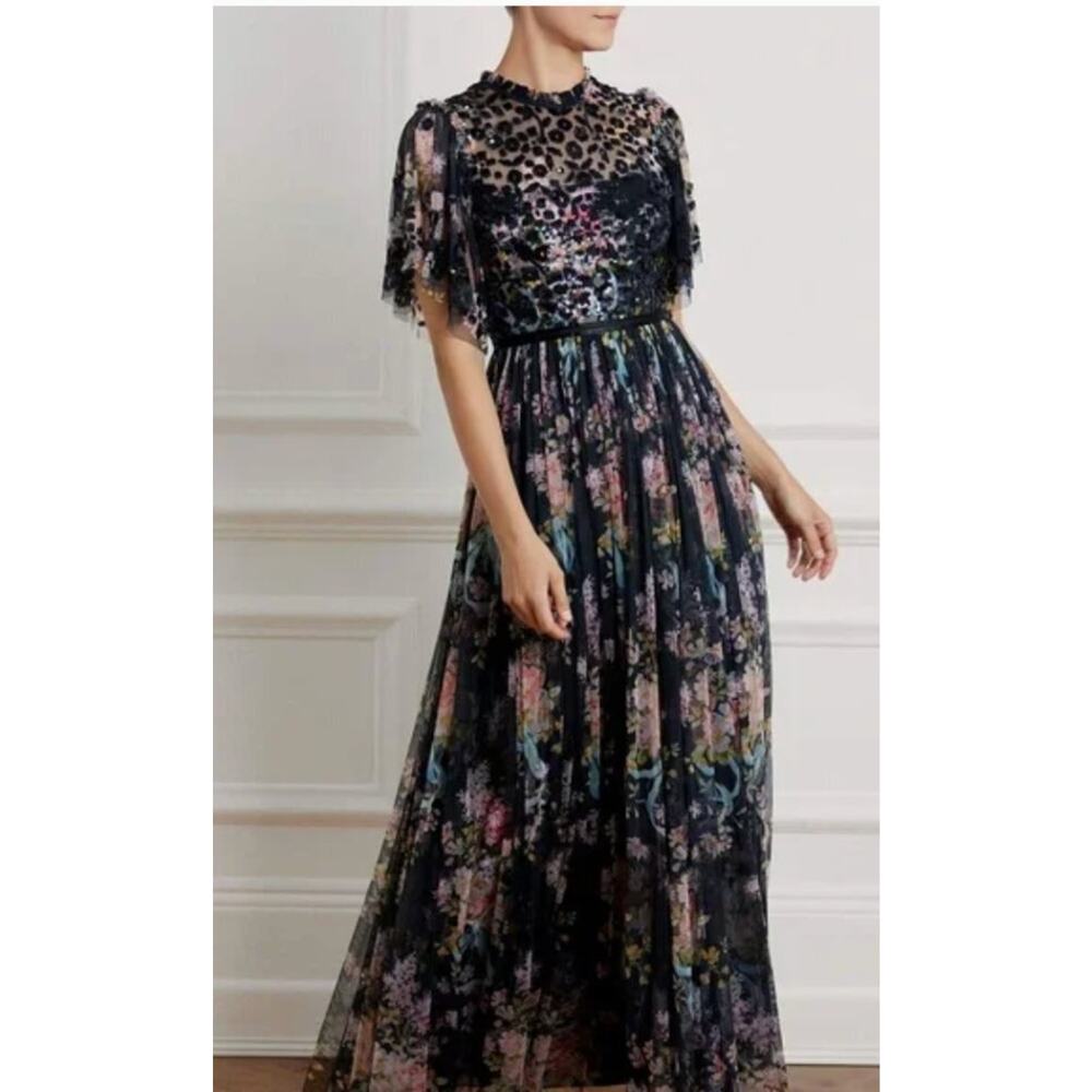 NEEDLE & THREAD Sz 8 UK 4 US Black Floral Beaded Long Maxi Dress Gown NWT